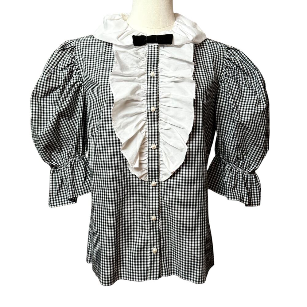 Batsheva Lou Blouse Size 10 Black /White Check Taffeta 3/4 Puffed Sleeves - Picture 10 of 13